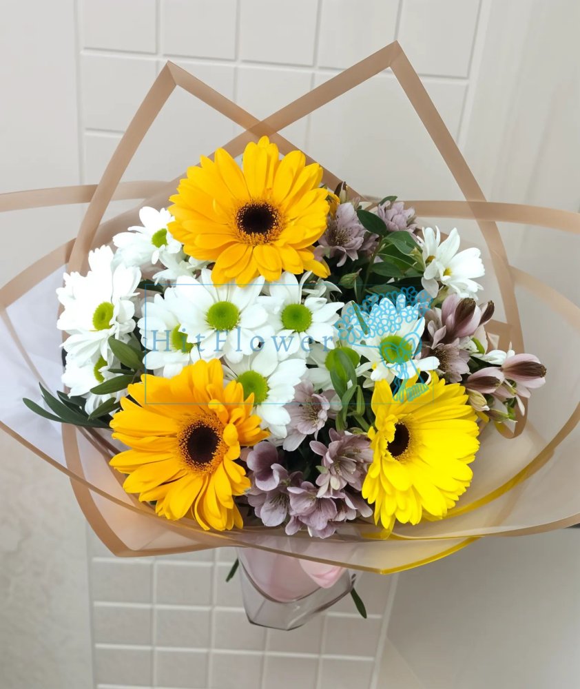 Букет цветов Яркое вдохновение Букет цветов из: Розы, Герберы и Хризантемы